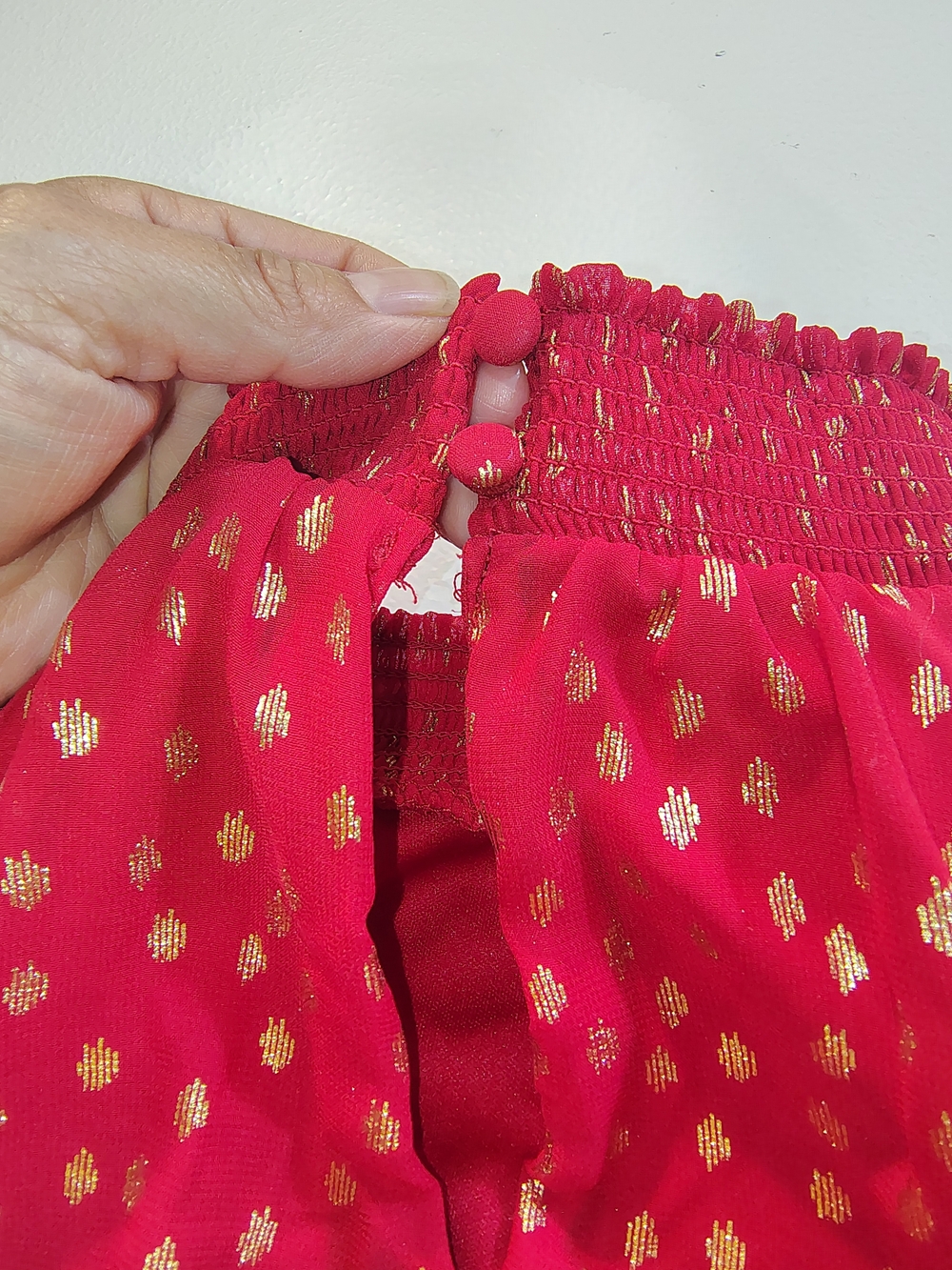 MSK Red Blouse with Gold Dot Accents and Statement Puff Sleeves - Picture 7 of 9